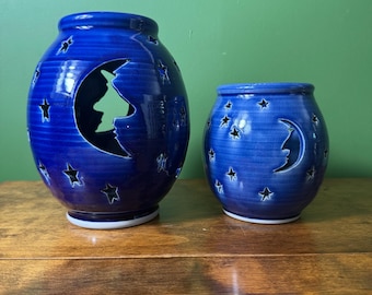 Zestaw ceramicznych słoików na świece z motywem księżyca i gwiazd z lat 80.