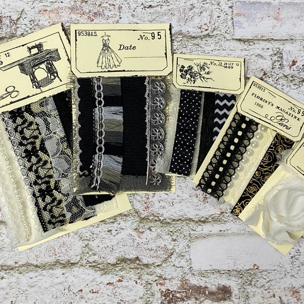 Lace Sample Kit  Trims & Fibers, Ribbon, Black White, Junk Journal, Junk Journaling, Collage, Scrapbooking, altered tag, destash