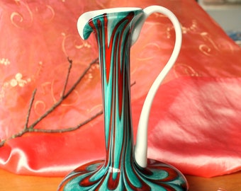 Glasvase mundgeblasen, mehrfarbiges Überfangglas, 70er Jahre Vase, Henkelvase, Glaskunst