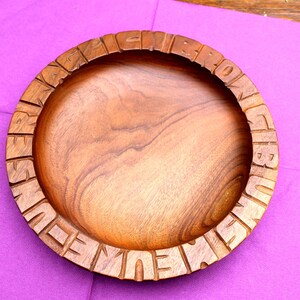 Small wooden plate with carved inscription (prayer), oak wood, Our Daily Bread, bread plate