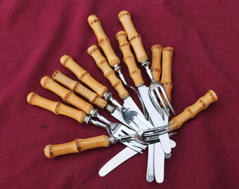 Fruit cutlery, bamboo cutlery, 6 small forks and 6 knives with bamboo handles, 50s, midcentury