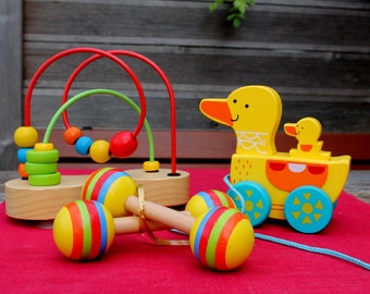 Wooden toys, children's toys, wooden rattles, pull ducks, motor skills