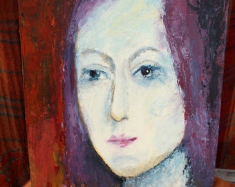 Malerei auf Holz, Original, Modernes Porträtbild, modernes Frauenbildnis, 90er Jahre