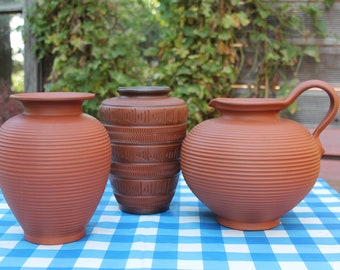 3 vases unglazed ceramic, 50s, West German pottery, rockabilly, red clay vases unglazed, grooved ceramic