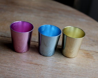 3 small metal cups, EMKA Germany, small colorful cups, aluminum schnapps glasses, 50s