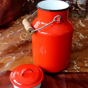 Milk jug, red enamel, handle jug for milk, tin jug 50s