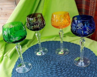 4 wine glasses, Roman glasses, crystal glass, colored glass Thuringia, Bohemian glass, GDR glass series