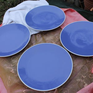 Puede incluir: Cuatro platos de cerámica azules con bordes blancos están colocados sobre un mantel estampado. Los platos tienen un acabado brillante y un diseño simple y elegante. Los platos tienen aproximadamente 25 cm de diámetro.