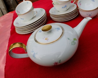 Tea set with floral decoration, Heinrich Porcelain, 6 persons tableware, 50s, midcenury