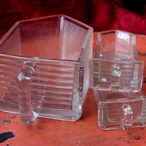 3 Glasschütten, Pressglas, Einsatz für alten Küchenschrank, Vorratsgläser, Gewürzgläser
