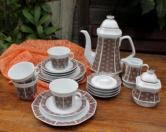 Koffieservies voor 4 personen, Winterling, wit porselein met bruine bloemversiering, koffieset uit de jaren 70