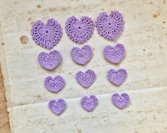 SETof 3 Crochet Hearts Purple Color, Crochet Applique, Junk Journal Embellishments