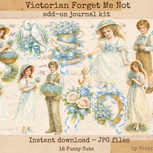 Könnte beinhalten: Digitales Journal-Kit im viktorianischen Stil mit Illustrationen von Kindern, Tauben, Blumenarrangements und Teetassen. Die Bilder sind in sanften Pastellfarben mit blauen Akzenten gehalten. Der Text lautet "Victorian Forget Me Not" und "Instant download - JPG files".