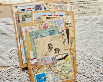 Blank travel notebook with pocket and original old postcards, travel junk journal blank, vintage travel book