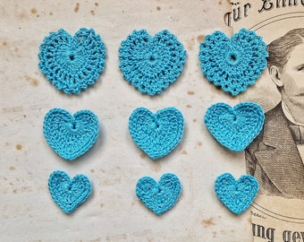 SETof 3 Crochet Hearts blue Color, Crochet Applique, Junk Journal Embellishments