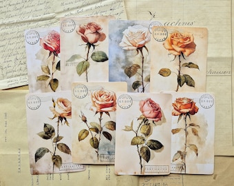ROSE/SPRING 8-Piece Hand-Stamped Junk Journal Cards, Junk Journal Ephemera Kit