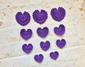 SETof 3 Crochet Hearts dark Purple Color, Crochet Applique, Junk Journal Embellishments