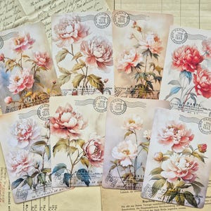 PFINGSTROSEN/SPRING 8 Stk. handgestempelte Junk Journal Karten, Junk Journal Ephemera Kit