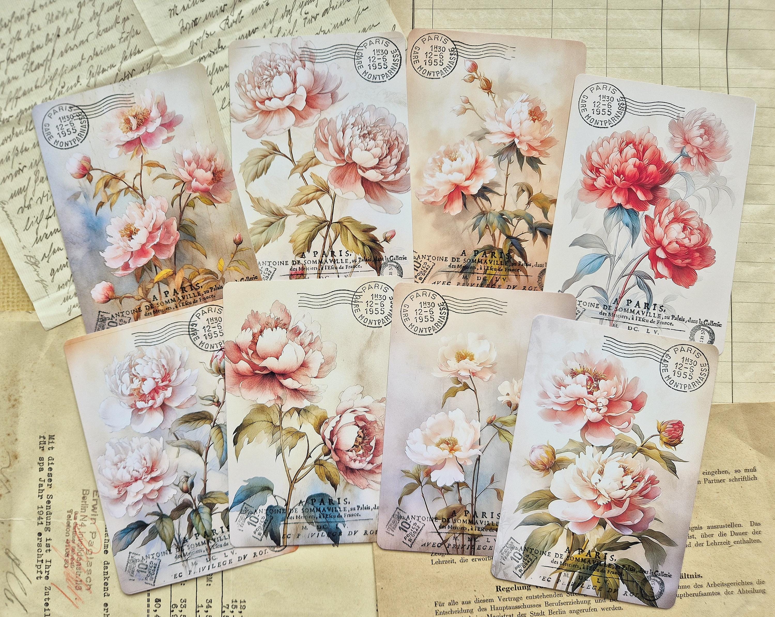 PEONIES/SPRING 8-Piece Hand-Stamped Junk Journal Cards, Junk Journal Ephemera Kit