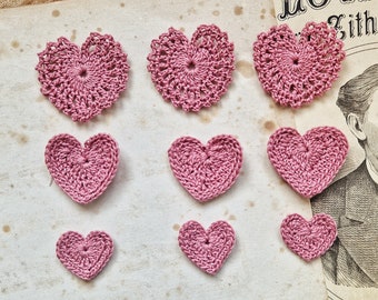 SETof 3 Crochet Hearts dark rose Color, Crochet Applique, Junk Journal Embellishments