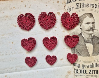 SETof 3 Crochet Hearts red Color, Crochet Applique, Junk Journal Embellishments