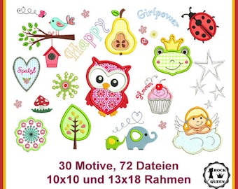 Diverse embroidery pattern set for girls - appliqués, texts and full embroidery motifs for creative projects