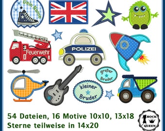 Stickdateien Boys Best 2 Applikationen Stickmuster Feuerwehr Polizei Rakete, Hubschrauber, Sneaker Appli Monster, Stern RockQueenEmbroidery