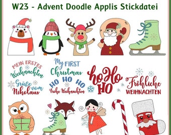 Stickdateien ITH Advent W23 Doodle Applikationen 160 Dateien Eisbär Pinguin Eule Elch Fuchs, Schlittschuhe Weihnachten RockQueenEmbroidery