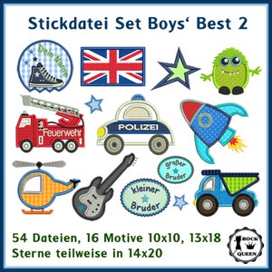 Może przedstawiać: Zestaw 16 wzorów do haftu dla chłopców, w tym rakieta, samochód policyjny, wóz strażacki, potwór, gitara, helikopter, wywrotka i gwiazda. Wzory są w różnych kolorach, w tym czerwonym, niebieskim, zielonym, żółtym i czarnym. Tekst "Stickdatei Set Boys' Best 2" znajduje się w górnej części obrazu. Tekst "54 Dateien, 16 Motive 10x10, 13x18 Sterne teilweise in 14x20" znajduje się w dolnej części obrazu.