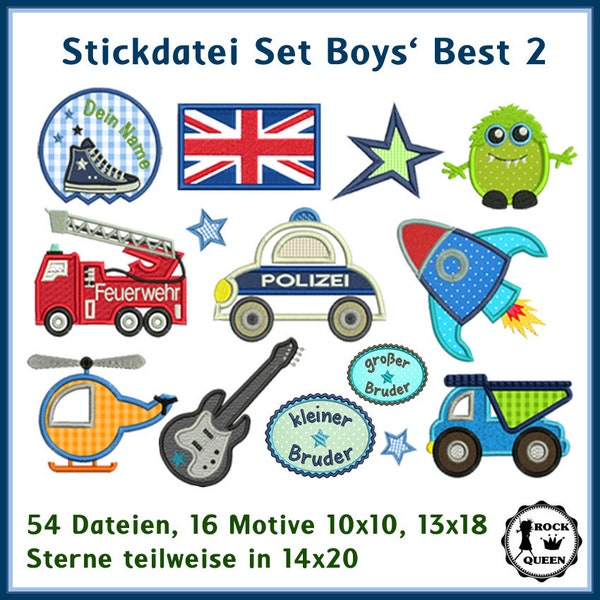 Stickdateien Boys Best 2 Applikationen Stickmuster Feuerwehr Polizei Rakete, Hubschrauber, Sneaker Appli Monster, Stern RockQueenEmbroidery