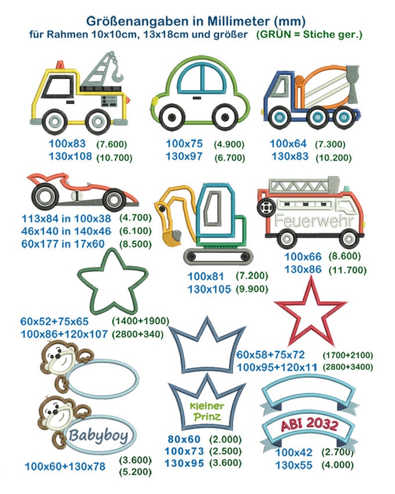 Stickdateien Boys Best 1 Applikation schon ab 10x10 Rahmen. Feuerwehr, Rennauto, Bagger, Stern, Krone, Auto, Kran,11 Motive alles dabei. Bild 2