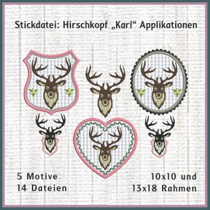 Stickdateien Hirsch Karl Applikation Stickmuster Hirschkopf, Reh, Herz, Trachten Motive embroidery Design RockQueenEmbroidery Bild 1