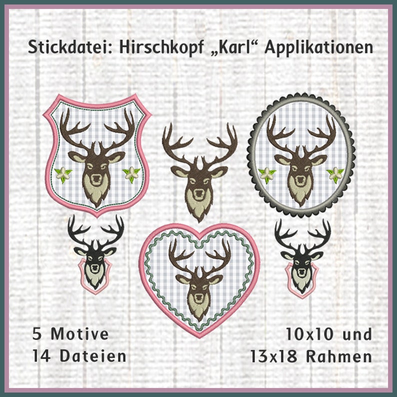 Stickdateien Hirsch Karl Applikation Stickmuster Hirschkopf, Reh, Herz, Trachten Motive embroidery Design RockQueenEmbroidery Bild 1