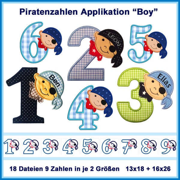 Fichiers de broderie numéros pirates 1-9 Boy XL, 18 fichiers, de 13x18, application, garçon, nom peut être inséré, RockQueenEmbroidery