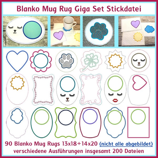 Stickdateien ITH Blanko Mug Rug Giga Set, Stickmuster, 200 Dateien, ab13x18 Rahmen, Untersetzer, Herz, Pfote, Blume uvm. RockQueenEmbroidery