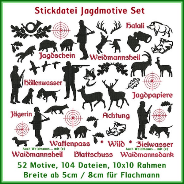 Exklusives Stickdatei Set: Jagdmotive für Flachmann und Jagdpapiere Bestickung und vieles mehr mit 104 einzigartigen Stickmustern