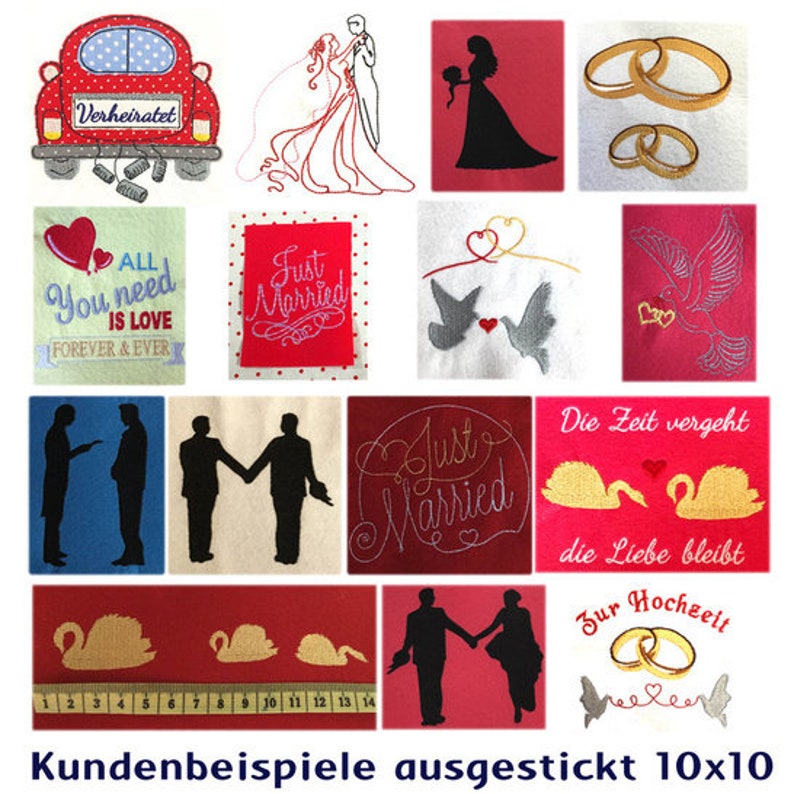 39 romantische Hochzeits Stickdateien: Eheringe, Brautpaare inklusive Regenbogenmotive. Perfekt für 10x10 cm und 13x18 cm Stickrahmen. Bild 4