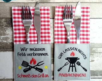 Stickdatei Bestecktaschen ITH Set Griller Grill Grillabend Besteck Tasche BBQ Steak, Party, Bier, embroidery files RockQueenEmbroidery