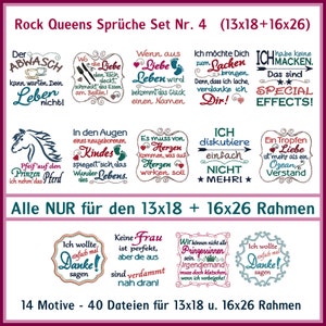 May include: A colorful digital embroidery design set with 14 different designs. The designs feature various sayings and phrases, including "Der Abwasch kann warten. Dein Leben nicht!" and "Ich möchte Dich zum Lachen bringen. Denn, dass ich lache, verdanke ich Dir!" The designs are suitable for 13x18 and 16x26 embroidery hoops.