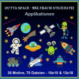 Weltraum Stickdatei Giga-Set: Astronauten, Planeten, Aliens & mehr! Raumfahrt Weltall Spaß für dein Stickprojekt