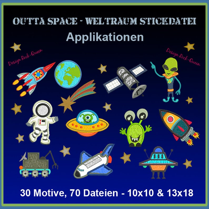 Weltraum Stickdatei Giga-Set: Astronauten, Planeten, Aliens & mehr Raumfahrt-Spaß für dein Stickprojekt. Entdecke das Universum in Stichen Bild 1