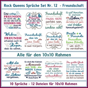 Könnte beinhalten: Ein Set mit 10 Freundschaftssprüchen in bunten Rahmen, jeder mit einem anderen Design. Die Sprüche handeln alle von der Bedeutung von Freundschaft und wie sie das Leben bereichern kann. Die Sprüche sind perfekt für ein Bastelprojekt oder um Ihrem Zuhause eine persönliche Note zu verleihen.