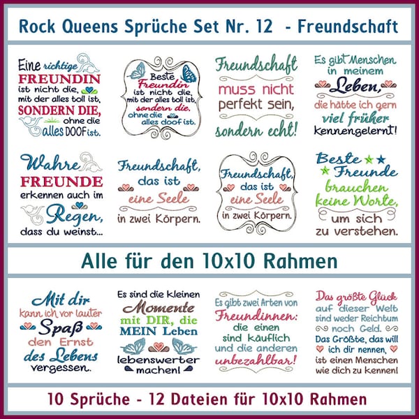 Stickdateien Rock Queens Sprüche Set 12 Freundschaft Stickmuster, ab 10x10 Rahmen, 12 Motive, Sprüche über Freundschaft, RockQueenEmbroidery