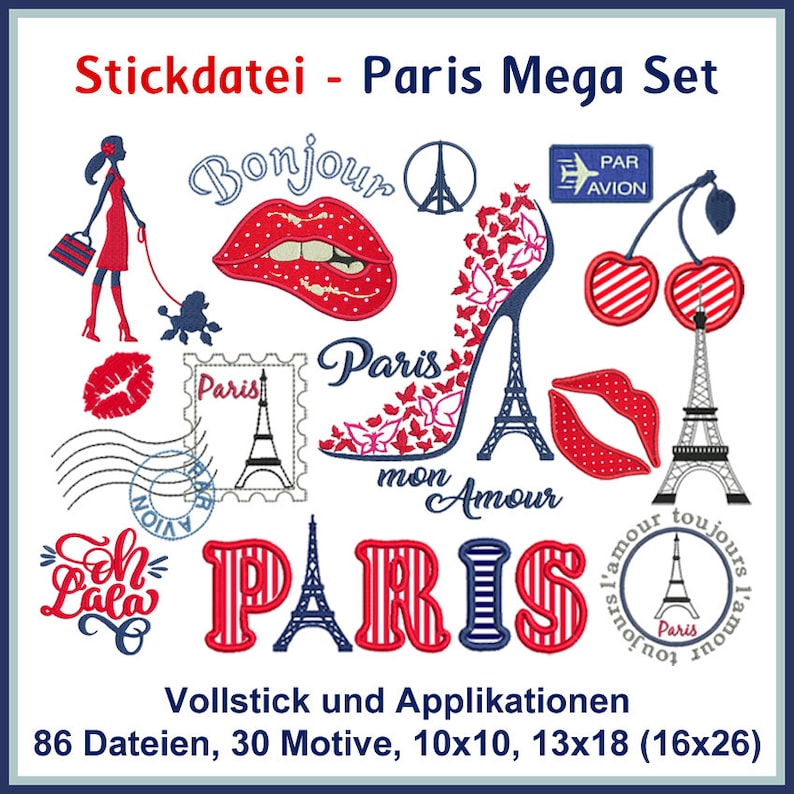 Stickdateien Set für eine Reise nach Paris mit Stiletto, Kussmund und Kirschen Bild 1