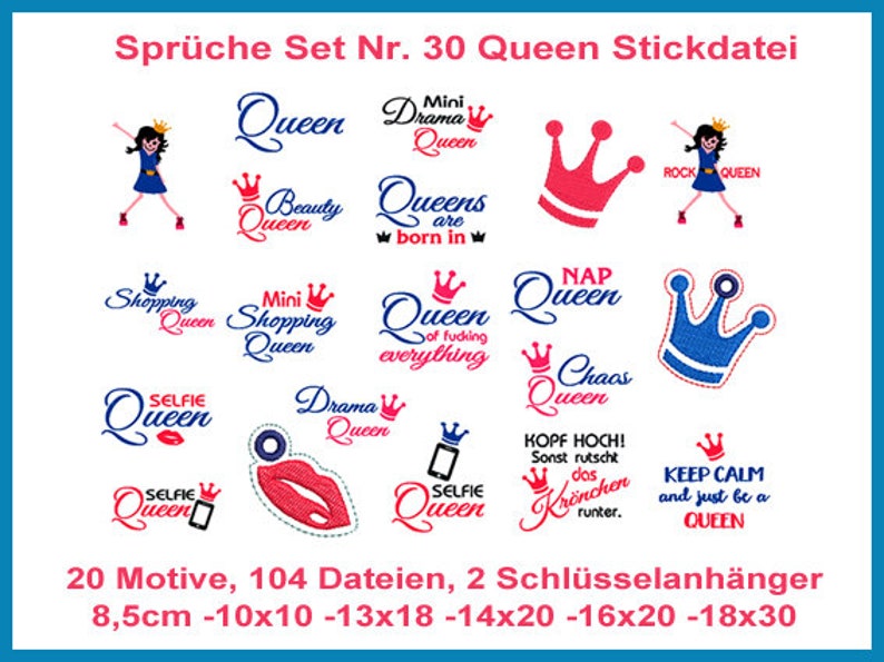 Stickdateien Rock Queens Sprüche Set Nr 30 Queen 104 Dateien, ab 10x10Rahmen 15 Texte Sprüche, 2 ITH Schlüsselanhänger, RockQueenEmbroidery Bild 2