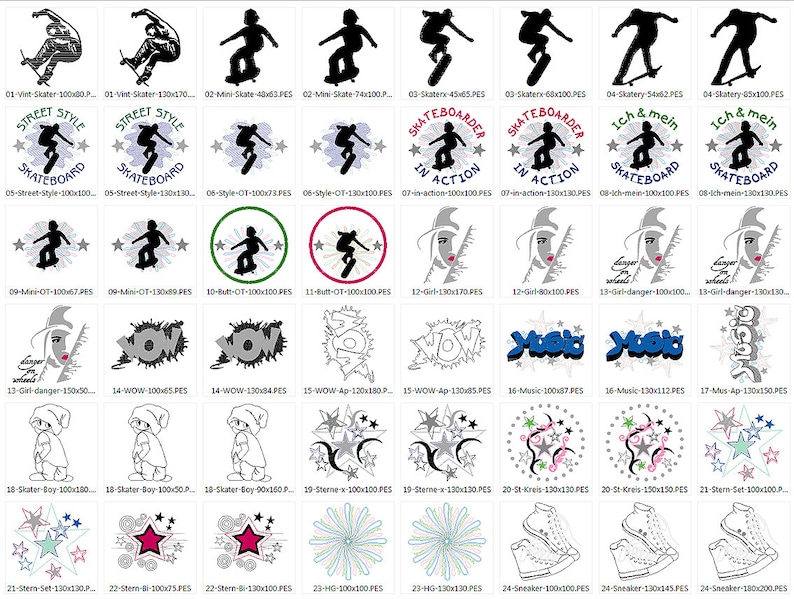 Stickdateien 48 Dateien Skateboard Set Stickmuster Junge Spaß Sneaker Sterne Applikation embroidery files RockQueenEmbroidery Bild 2