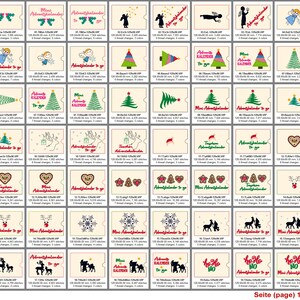 May include: A sheet of 40 different Christmas advent calendar designs. The designs feature a variety of themes, including Christmas trees, reindeer, angels, gingerbread cookies, and snowflakes. The designs are all in a vintage style and are perfect for adding a touch of whimsy to your holiday decor.