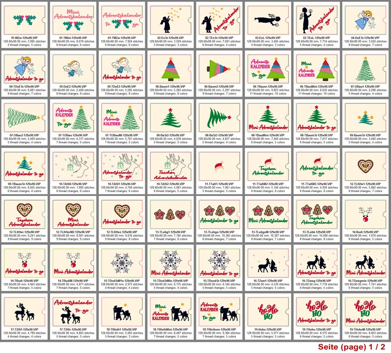 May include: A sheet of 40 different Christmas advent calendar designs. The designs feature a variety of themes, including Christmas trees, reindeer, angels, gingerbread cookies, and snowflakes. The designs are all in a vintage style and are perfect for adding a touch of whimsy to your holiday decor.
