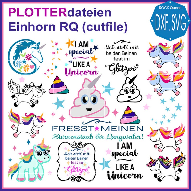 Plotterdateien Einhorn Schneideplott Plottervorlage Cutting Set Einhorn Einhörner Unicorn SVG DXF Bild 1