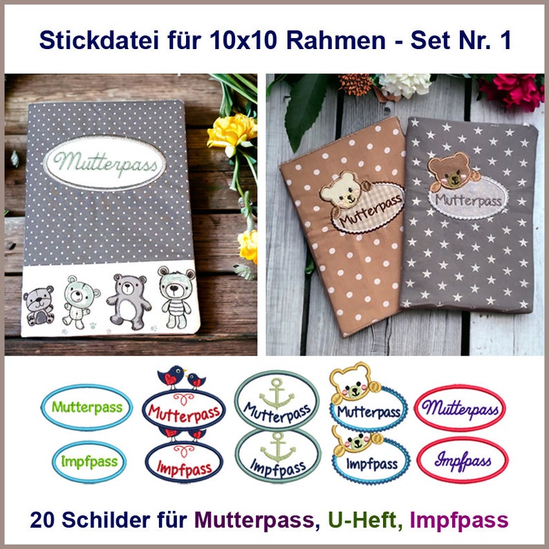 Stickdateien Set-Nr 1 Mutterpass U-Heft 20x, Impfpass ovale Schilder Buttons, Bär, Vogel, Anker, Mutter, Baby, Mama Pass RockQueenEmbroidery Bild 1